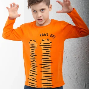 T-shirt garçon à manches longues – coton, imprimé tigre orange