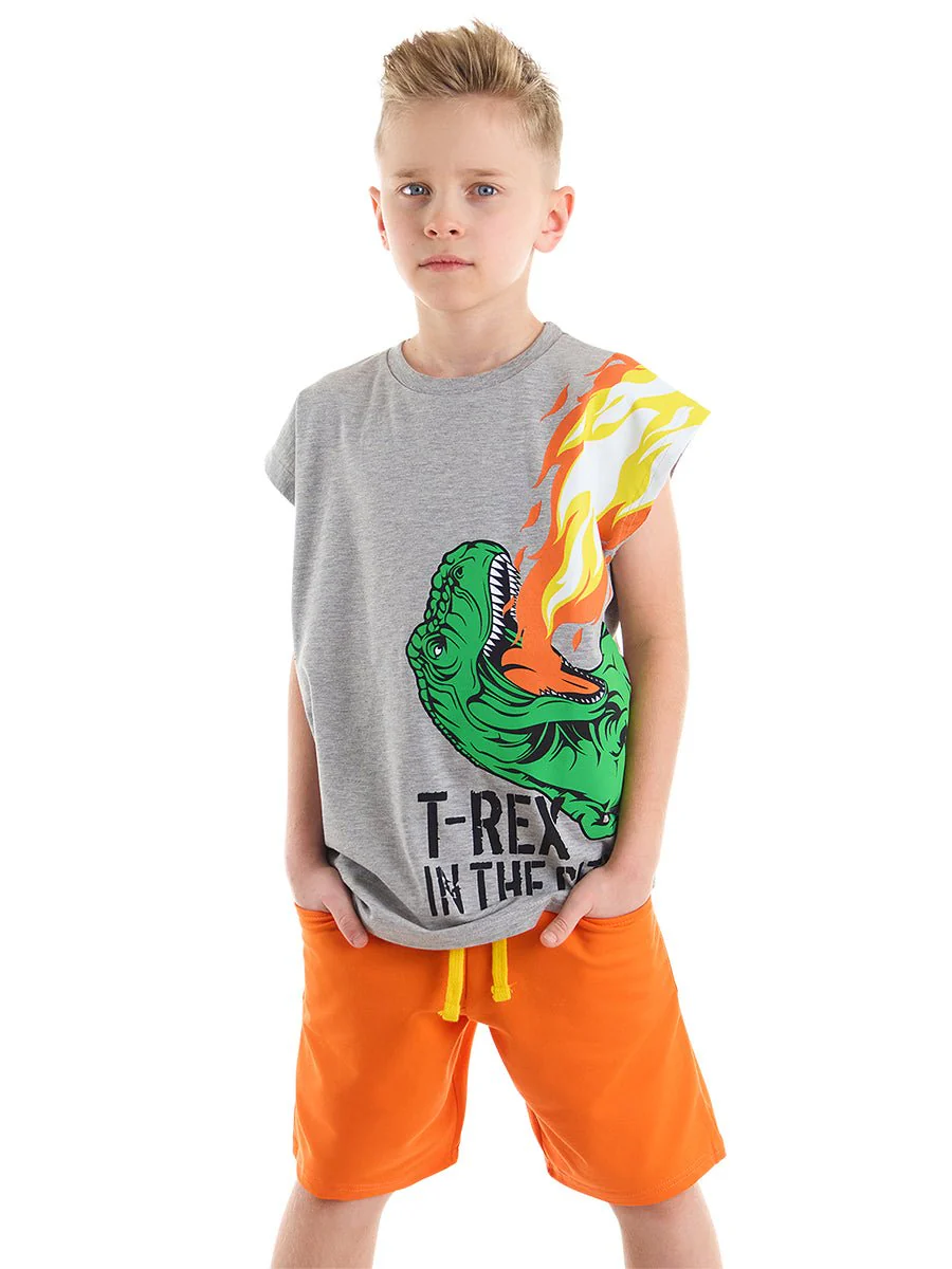 Ensemble 2 pièces garçon – T-shirt imprimé dinosaure et short à poches – Image 2