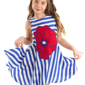 Robe Fille Viscose Rayée avec Appliqué Coquelicot