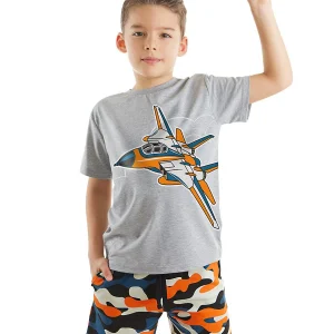 Ensemble 2 pièces garçon – T-shirt imprimé avion et short camouflage