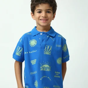 Polo garçon bleu manches courtes imprimé all-over, col polo, style été - POS24SAPI75401MB1