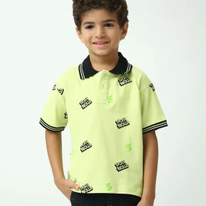 Polo garçon vert néon manches courtes imprimé, col contrasté noir - POS24SAPI75403MB1