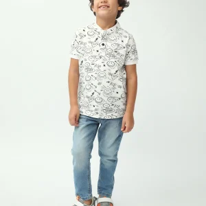 Polo garçon blanc à imprimé doodle smiley – manches courtes - POS24SAPU75568MB1