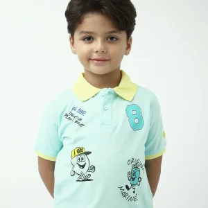 Polo garçon bleu menthe col jaune manches courtes avec imprimés, style casual - POS24SPPI75380MB1