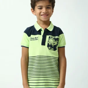 Polo garçon vert citron et bleu marine – rayures, poche imprimée - POS24SSPR75288MB1