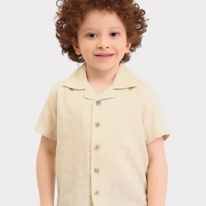 Chemise garçon manches courtes col cubain – effet lin beige - SSH25SELR76463MB1