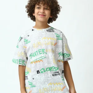 T-shirt ado garçon gris argenté imprimé graffiti Skater, manches courtes, coupe oversize - TSH24SARO75265MJ1