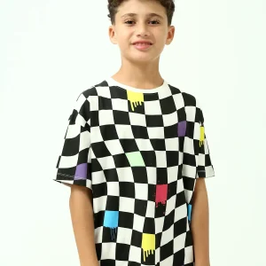 T-shirt garçon ado imprimé damier – Noir & blanc, manches courtes - TSH24SARO75477MJ1