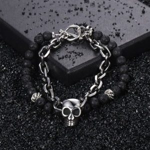 Bracelet homme pierre de lave tete de mort