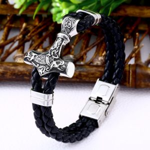Bracelet viking avec tresses en cuir