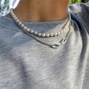 Collier perle blanche homme